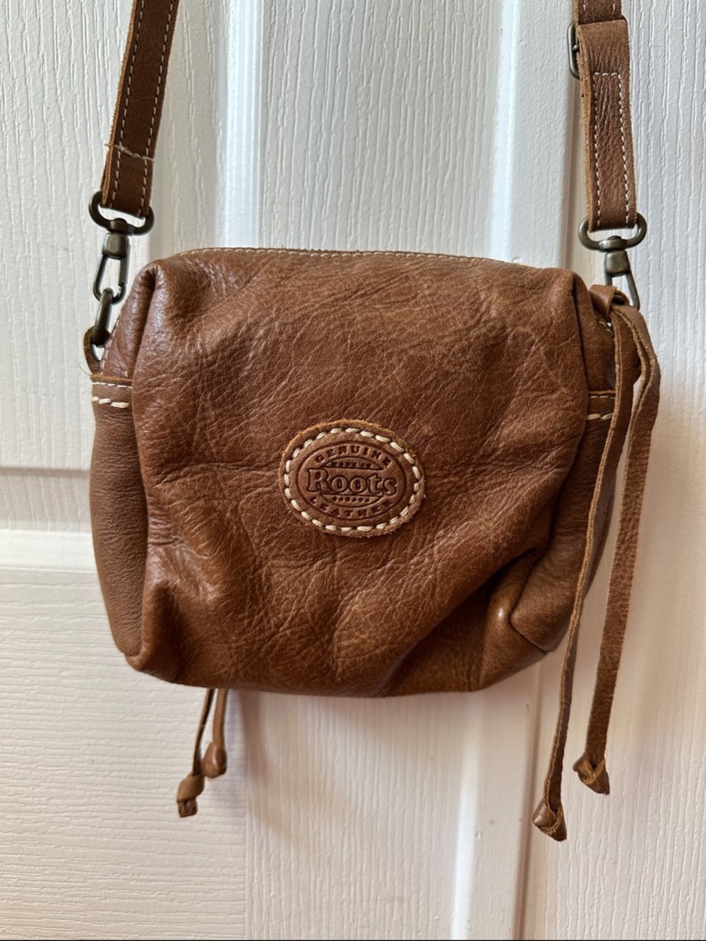 Roots Tan Leather Mini Crossbody Bag